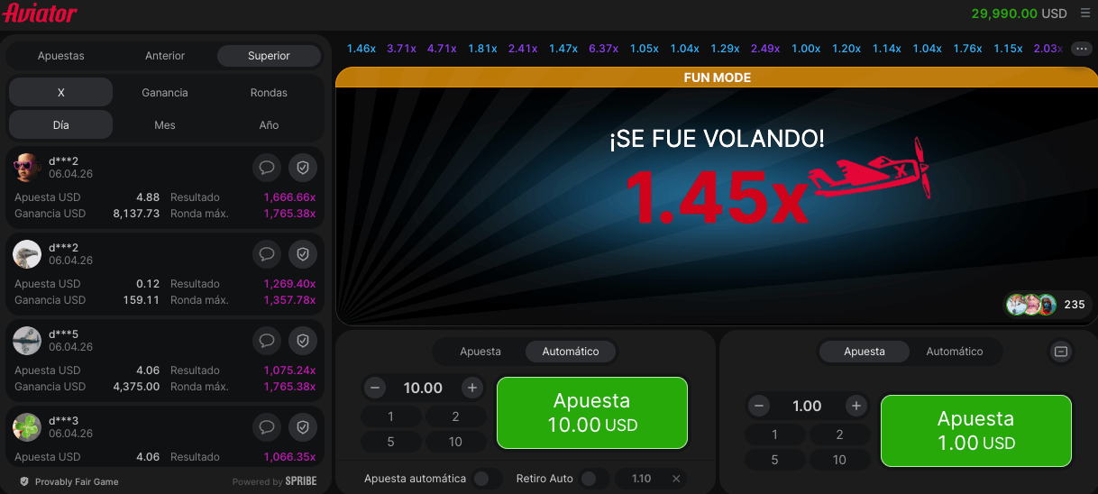Interfaz de Aviator Game con el mensaje ¡SE FUE VOLANDO! a 1.45x y opciones de apuesta doble de 10.00 USD y 1.00 USD.